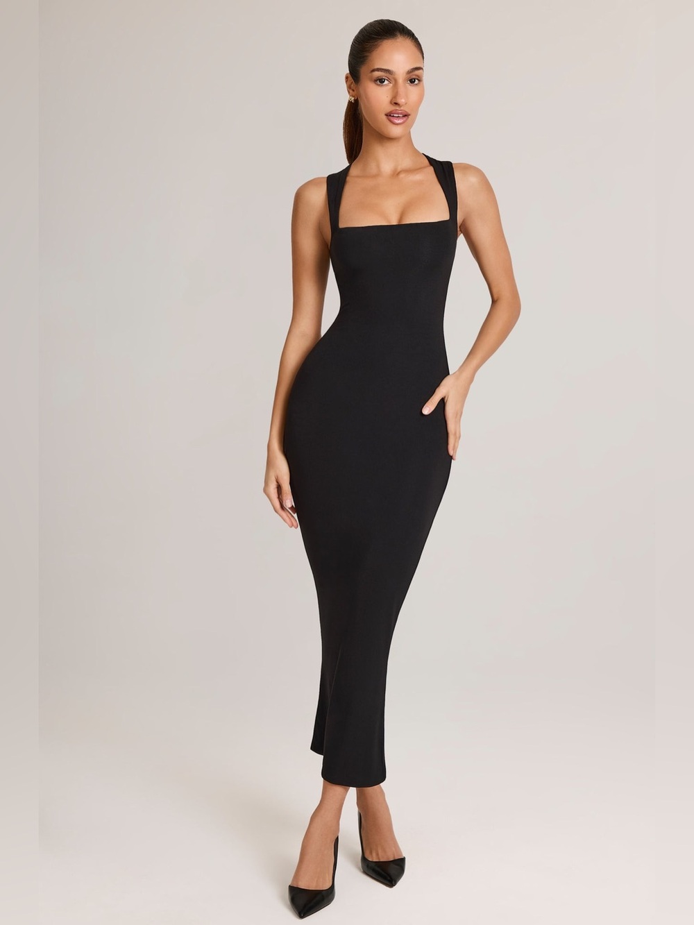 Oh Polly Ainslee Modal Square-Neck Bodycon Midi Dress in Black